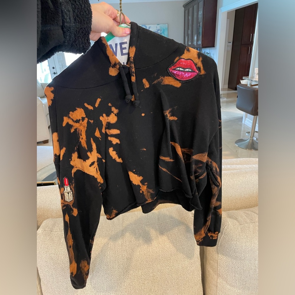 Bleach Dye Black Hoodie with patches